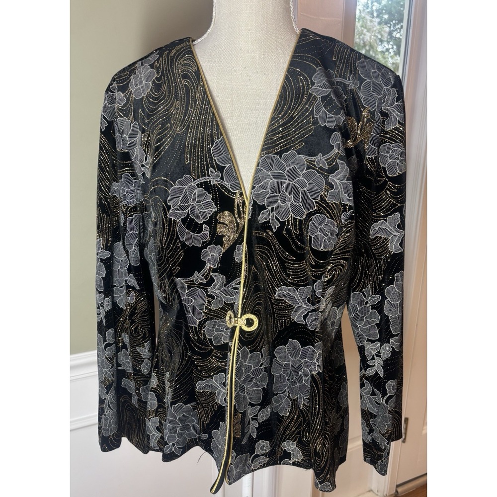 Vtg R & M‎ Richards Wmn  Size 14 Black & Floral Glitter Blazer USA whimsigoth